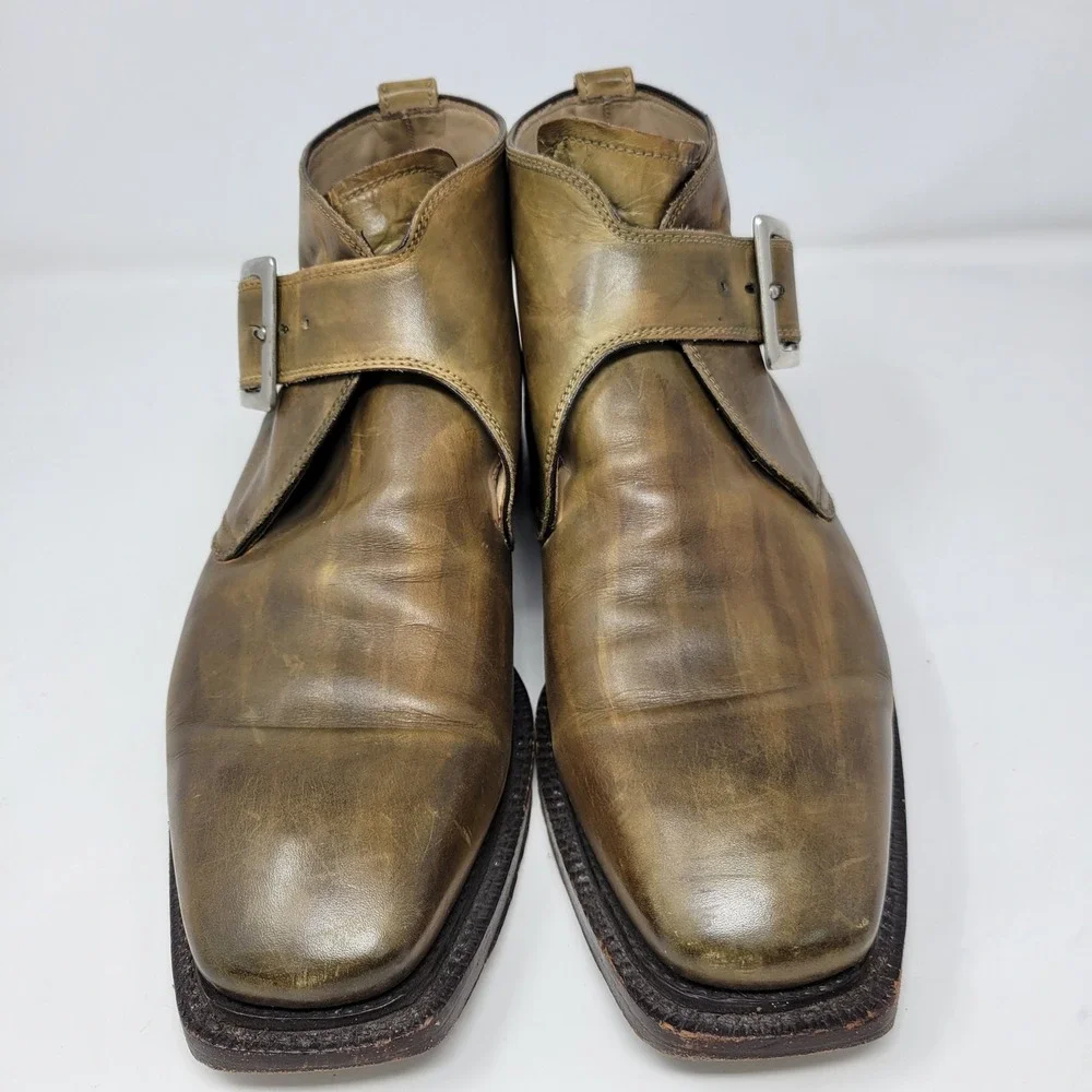 Bettanin & Venturi Barneys New York Mens Sz 9 Olive Leather Monk Strap Boots 354